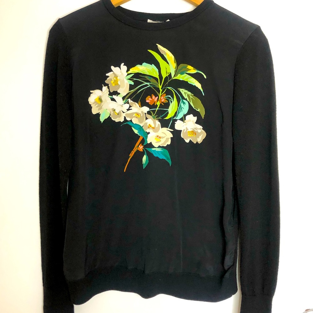 Equipment Black Floral Graphic Crewneck Sweater Sweatshirt Wool & Silk - Small